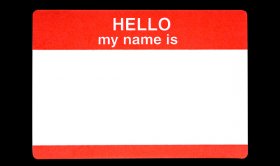 Red name badge with the words Hellow my name is with a clipping path ** Note: Slight graininess, best at smaller sizes
